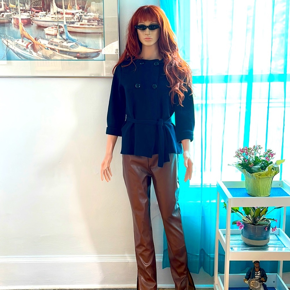 Navy blue double breasted ties at waste